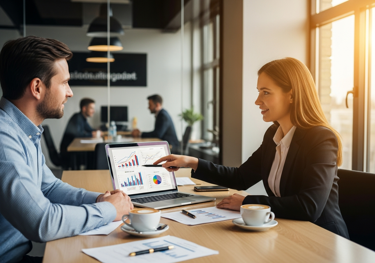 Consultant explaining AI training to business owner
