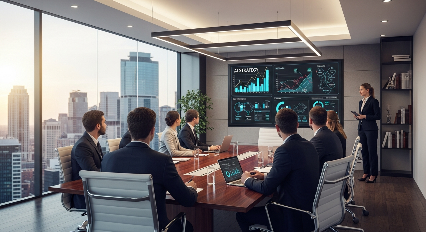 Corporate AI strategy boardroom meeting